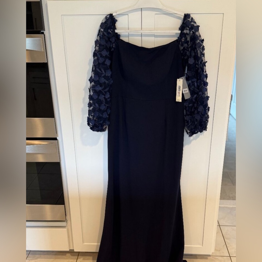 Eliza J Off Shoulder Navy Dress with 3D Floral Sleeves Gown MOB MOG - Picture 7 of 10